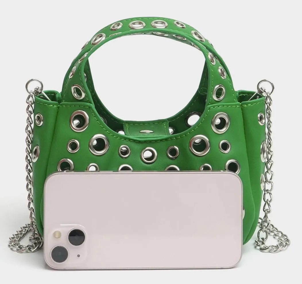 2 Pcs Y2k 90s Crescent Hobo Bags Women Trendy Studded PU Leather Shoulder Satchels Crossbody Purse Punk Underarm Tote Handbag