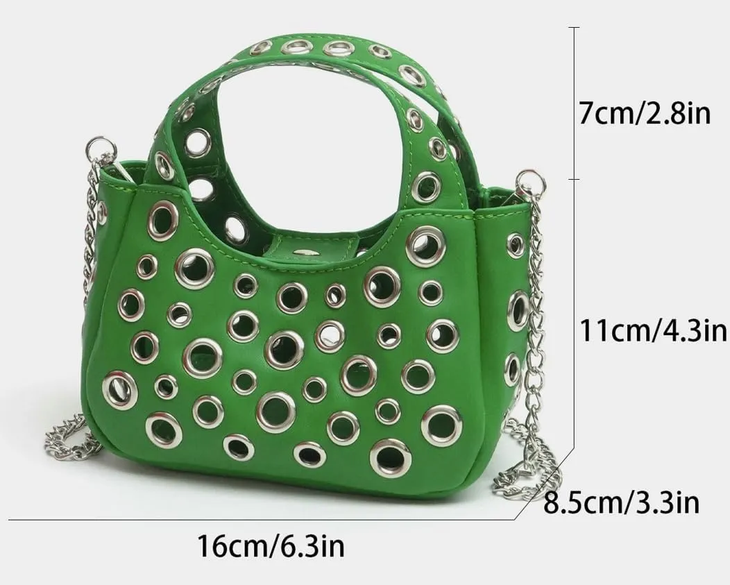 2 Pcs Y2k 90s Crescent Hobo Bags Women Trendy Studded PU Leather Shoulder Satchels Crossbody Purse Punk Underarm Tote Handbag