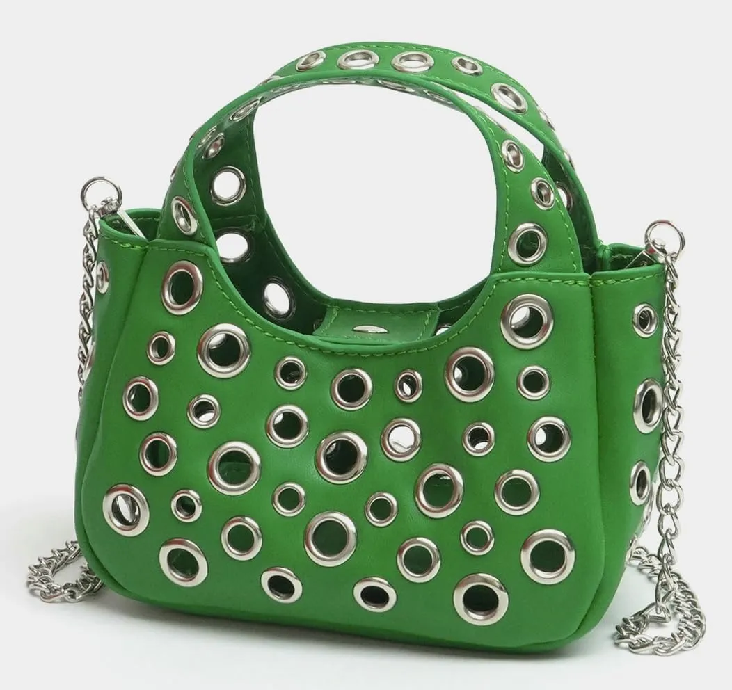 2 Pcs Y2k 90s Crescent Hobo Bags Women Trendy Studded PU Leather Shoulder Satchels Crossbody Purse Punk Underarm Tote Handbag