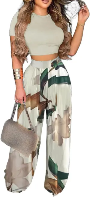 2 Piece Outfits for Women Short Sleeve Crop Top High Waist Wide Leg Long Pant Sets Tracksuit Sport Set