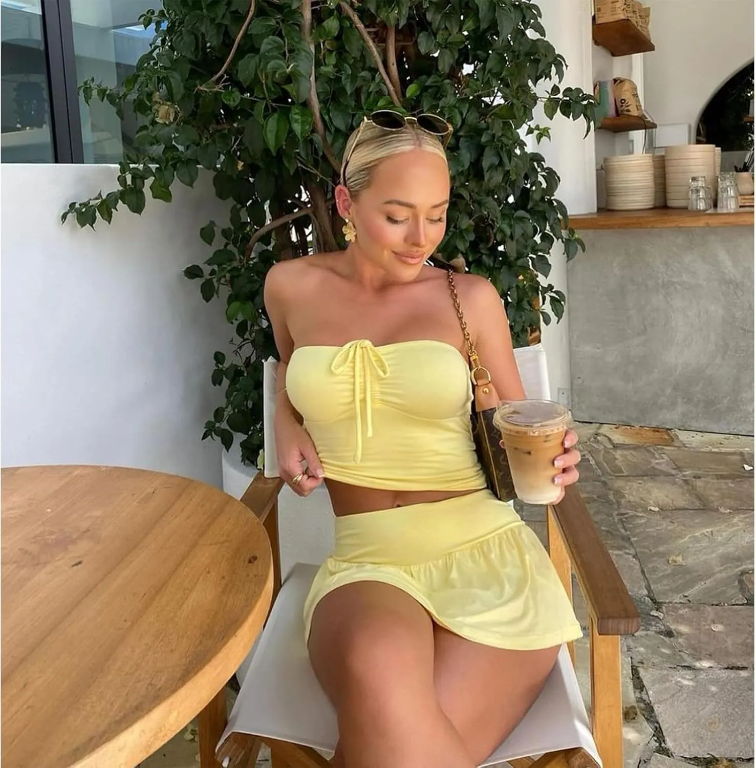 2 Piece Skirt Outfits for Women Y2k Summer Bandeau Going Out Crop Tops and Low Wasit Mini Skorts Sets
