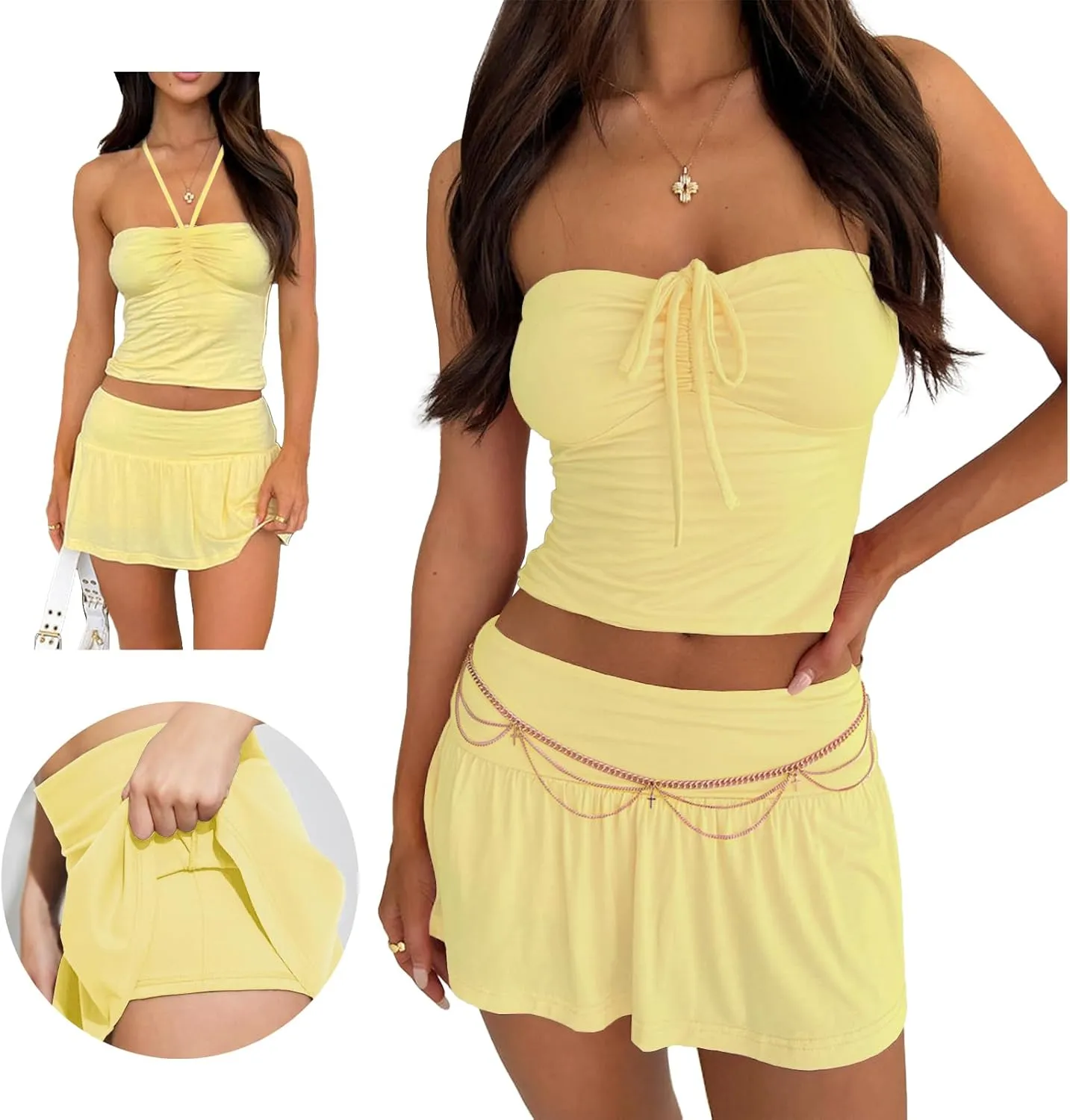 2 Piece Skirt Outfits for Women Y2k Summer Bandeau Going Out Crop Tops and Low Wasit Mini Skorts Sets