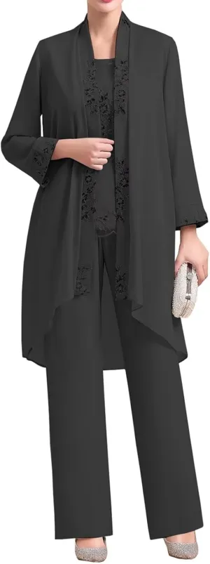 3 Pieces Mother of The Bride Pantsuit Dresses Chiffon Laces Formal Evening Outfit with Jacket