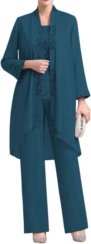 3 Pieces Mother of The Bride Pantsuit Dresses Chiffon Laces Formal Evening Outfit with Jacket