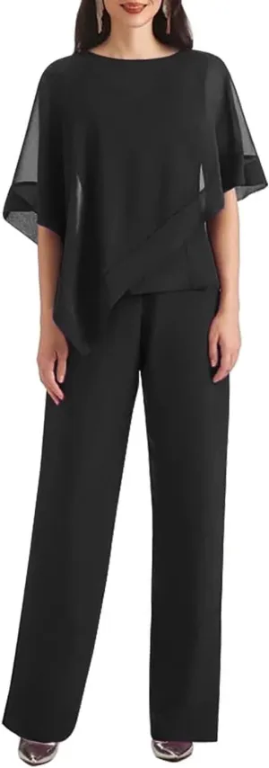 3 Pieces Pantsuits for Women with Cape Sleeve Jacket Chiffon Mother of The Bride Pant Suits Formal Evening Dresses