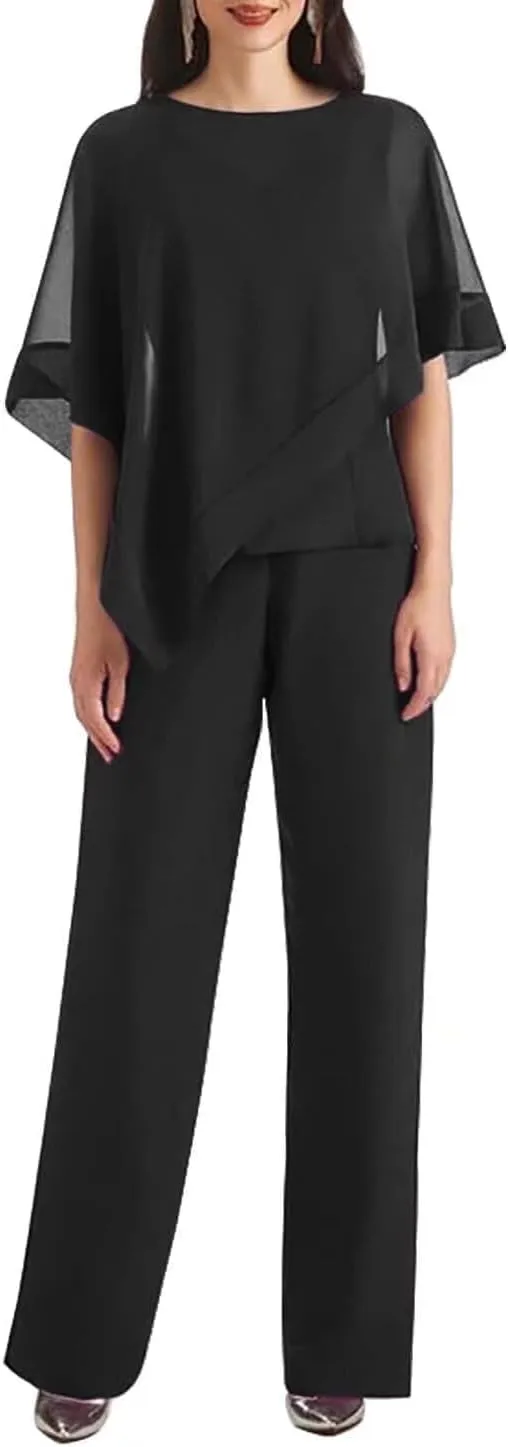 3 Pieces Pantsuits for Women with Cape Sleeve Jacket Chiffon Mother of The Bride Pant Suits Formal Evening Dresses