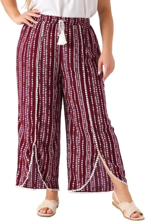 Agnes Orinda Plus Size Pant for Women Split Elastic Waist Flowy Striped Wide Leg Pants