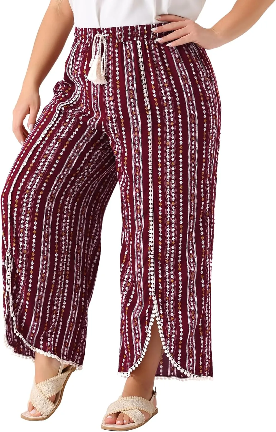 Agnes Orinda Plus Size Pant for Women Split Elastic Waist Flowy Striped Wide Leg Pants