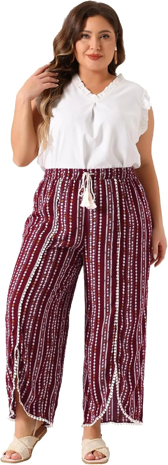 Agnes Orinda Plus Size Pant for Women Split Elastic Waist Flowy Striped Wide Leg Pants