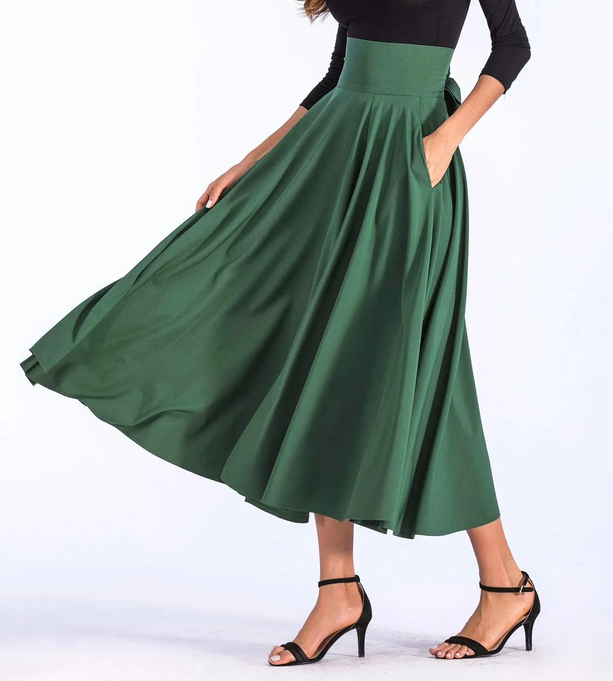 Aivtalk Women High Waist Long Skirt with Slit Pockets Bow Tie Pleated Maxi Skirt