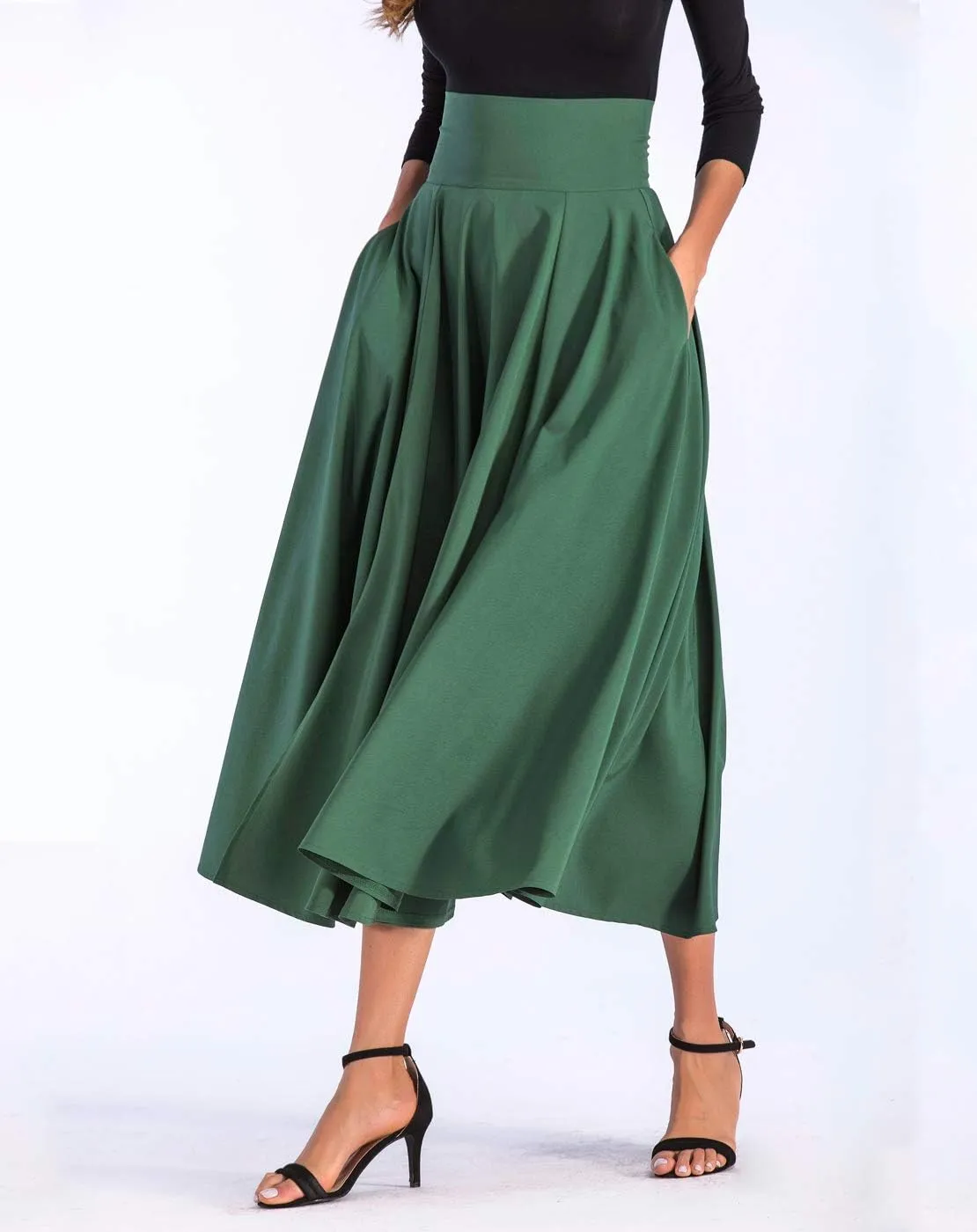 Aivtalk Women High Waist Long Skirt with Slit Pockets Bow Tie Pleated Maxi Skirt