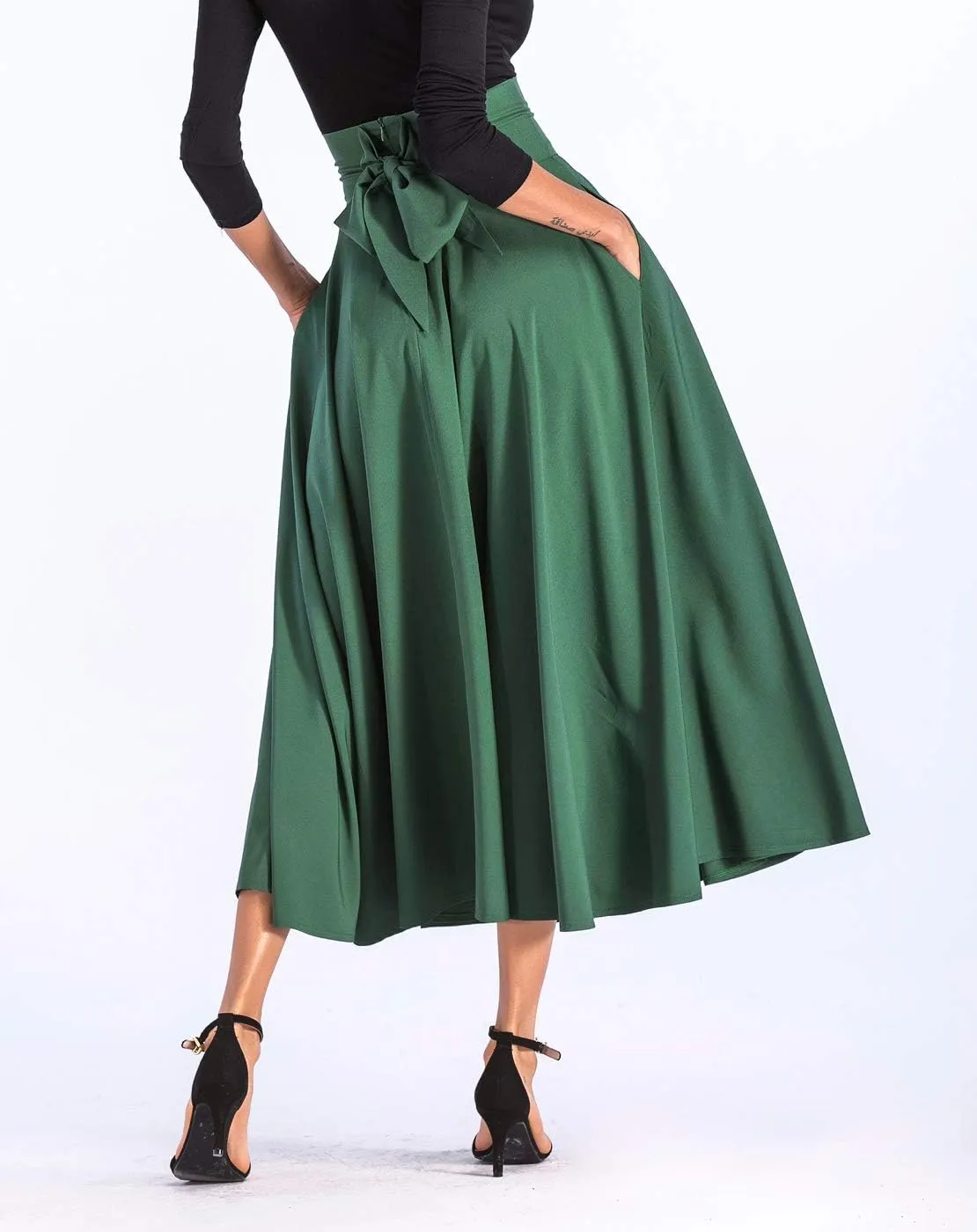 Aivtalk Women High Waist Long Skirt with Slit Pockets Bow Tie Pleated Maxi Skirt