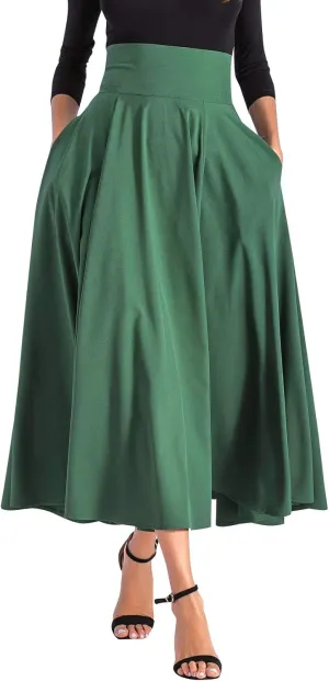 Aivtalk Women High Waist Long Skirt with Slit Pockets Bow Tie Pleated Maxi Skirt
