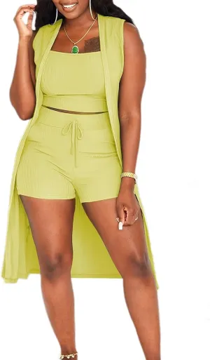 Aladeno Women 3 Piece Outfits Ribbed Sleeveless Kimono Cardigan Cover Up Tank Crop Tops Bodycon Shorts Tracksuit Lounge Sets
