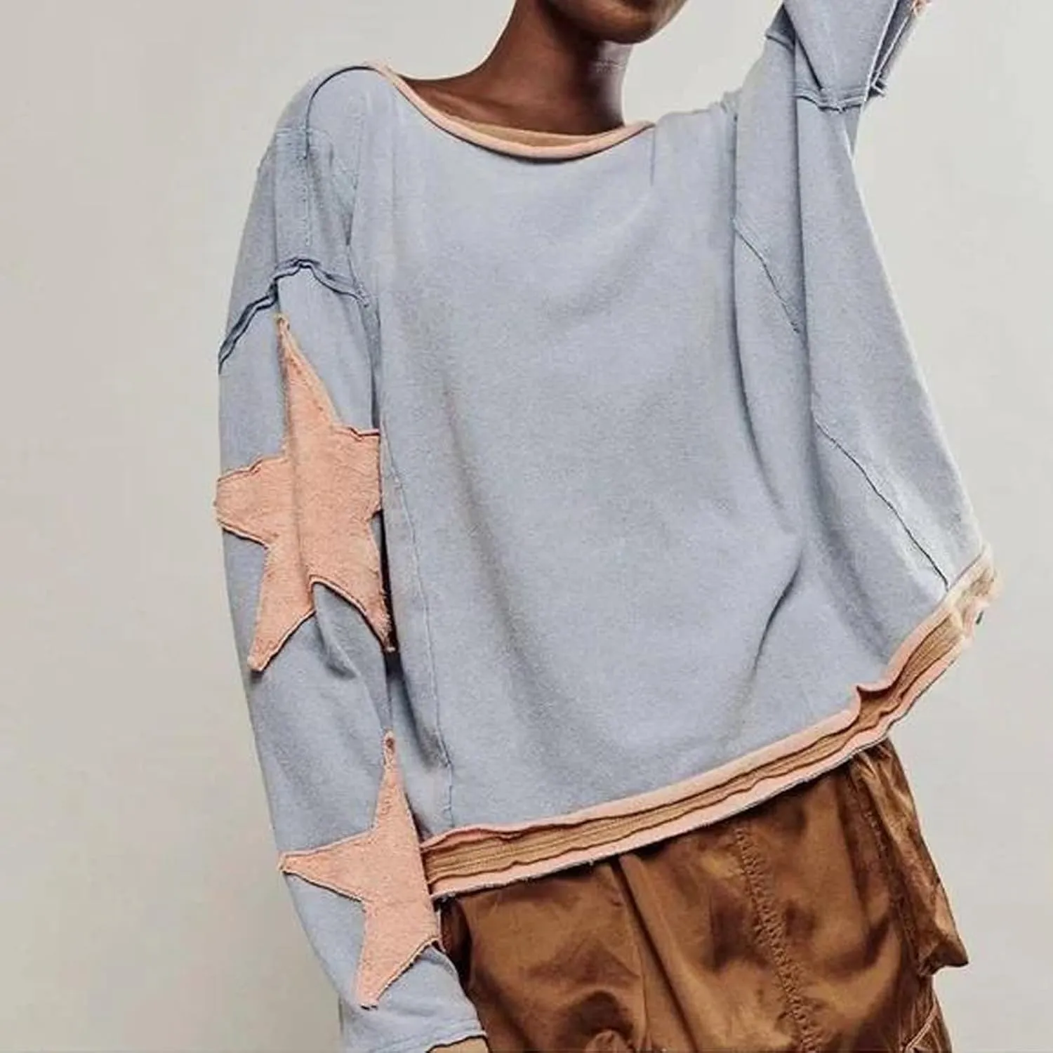 Amiblvowa Women Oversized Crew Neck Sweatshirts Y2K Cute Sweatshirt Teen Girls Striped Sweatshirt Long Sleeve Graphic Sweater