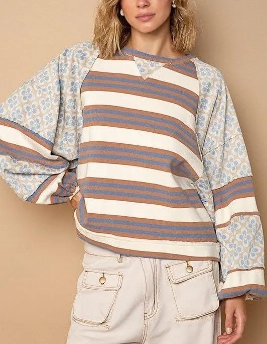 Amiblvowa Women Oversized Crew Neck Sweatshirts Y2K Cute Sweatshirt Teen Girls Striped Sweatshirt Long Sleeve Graphic Sweater
