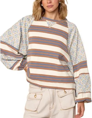 Amiblvowa Women Oversized Crew Neck Sweatshirts Y2K Cute Sweatshirt Teen Girls Striped Sweatshirt Long Sleeve Graphic Sweater