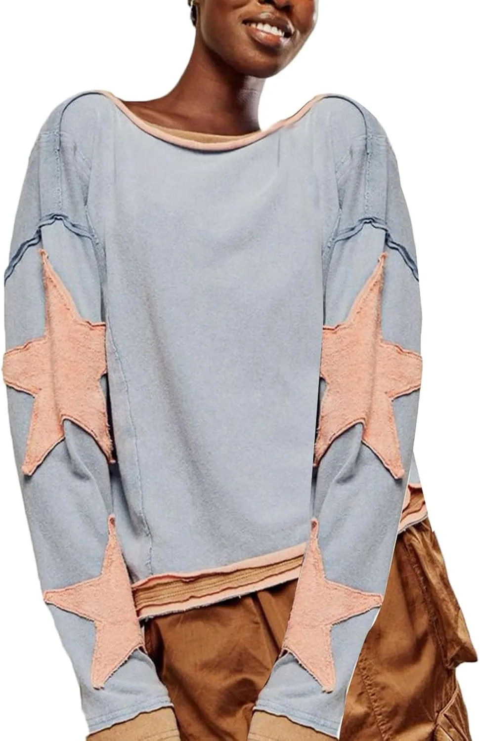Amiblvowa Women Oversized Crew Neck Sweatshirts Y2K Cute Sweatshirt Teen Girls Striped Sweatshirt Long Sleeve Graphic Sweater
