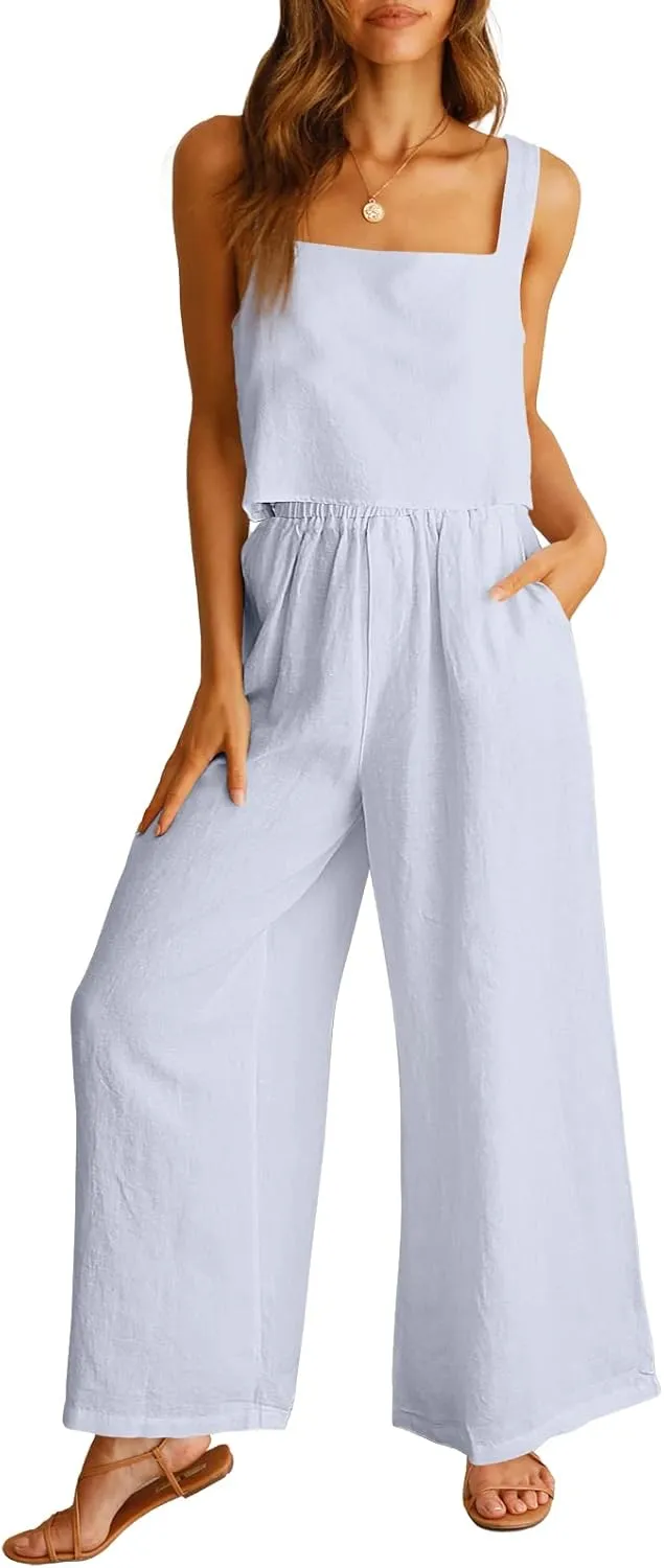 ANRABESS Women's 2 Piece Outfits Linen Pants Jumpsuit Matching Lounge Set Casual Summer Beach Vacation Trendy Clothes