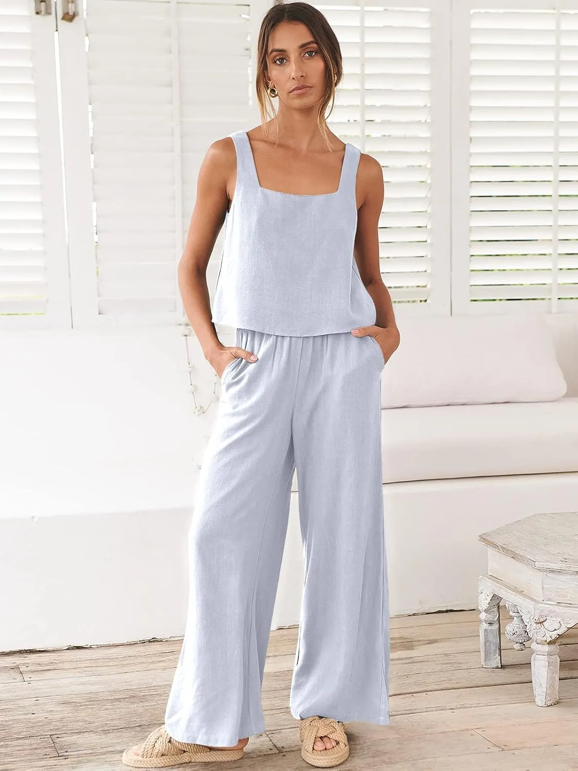 ANRABESS Women's 2 Piece Outfits Linen Pants Jumpsuit Matching Lounge Set Casual Summer Beach Vacation Trendy Clothes