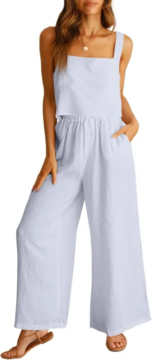 ANRABESS Women's 2 Piece Outfits Linen Pants Jumpsuit Matching Lounge Set Casual Summer Beach Vacation Trendy Clothes