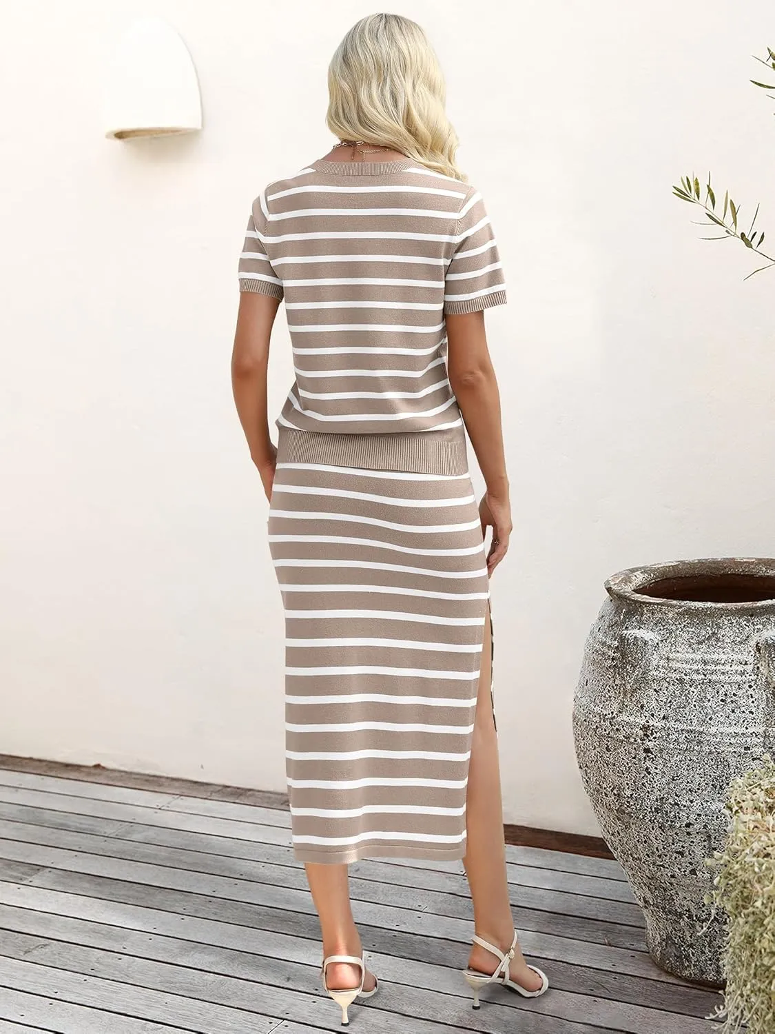ANRABESS Womens 2 Piece Outfits Striped Sweater Skirt Sets 2025 Summer Casual Short Sleeve Pullover Tops Travel Midi Dress