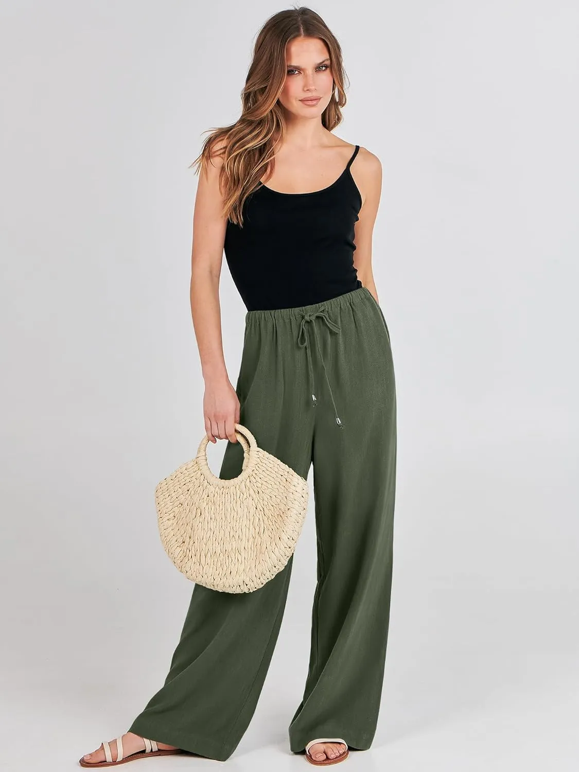 ANRABESS Womens Linen Palazzo Pants Summer Flowy Wide Leg Drawstring Casual Trousers with Pockets Beach Vacation Outfits