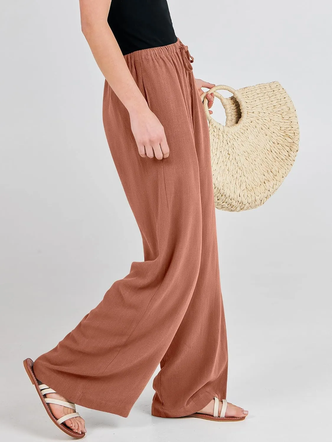 ANRABESS Womens Linen Palazzo Pants Summer Flowy Wide Leg Drawstring Casual Trousers with Pockets Beach Vacation Outfits