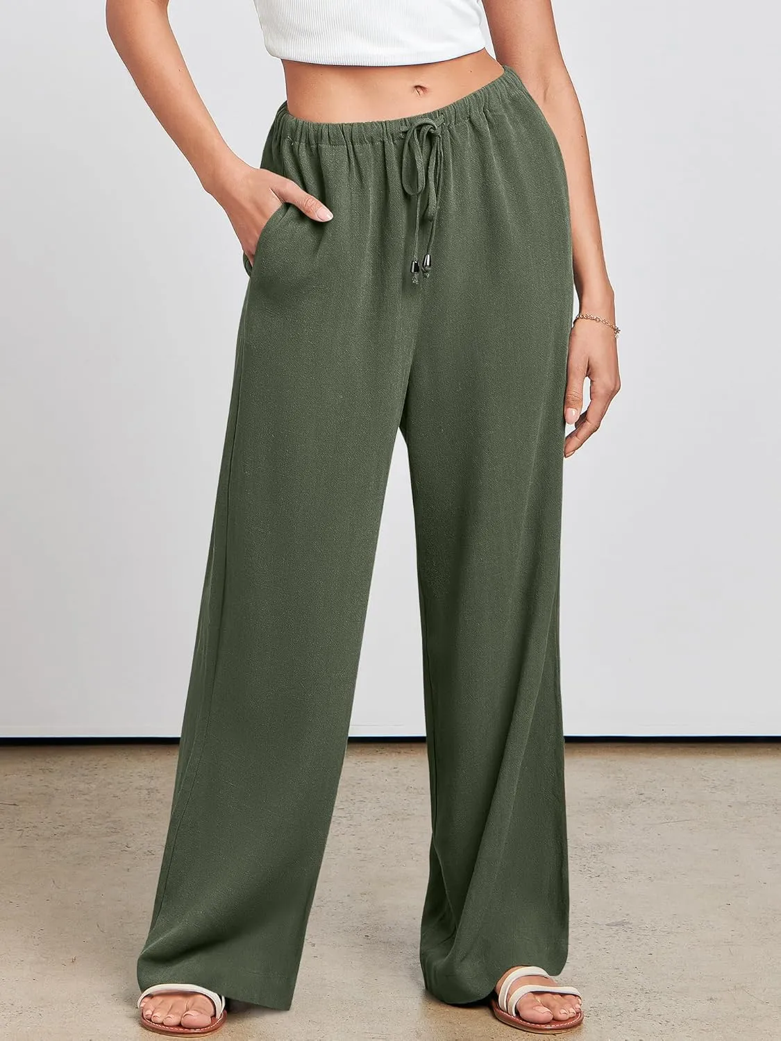 ANRABESS Womens Linen Palazzo Pants Summer Flowy Wide Leg Drawstring Casual Trousers with Pockets Beach Vacation Outfits