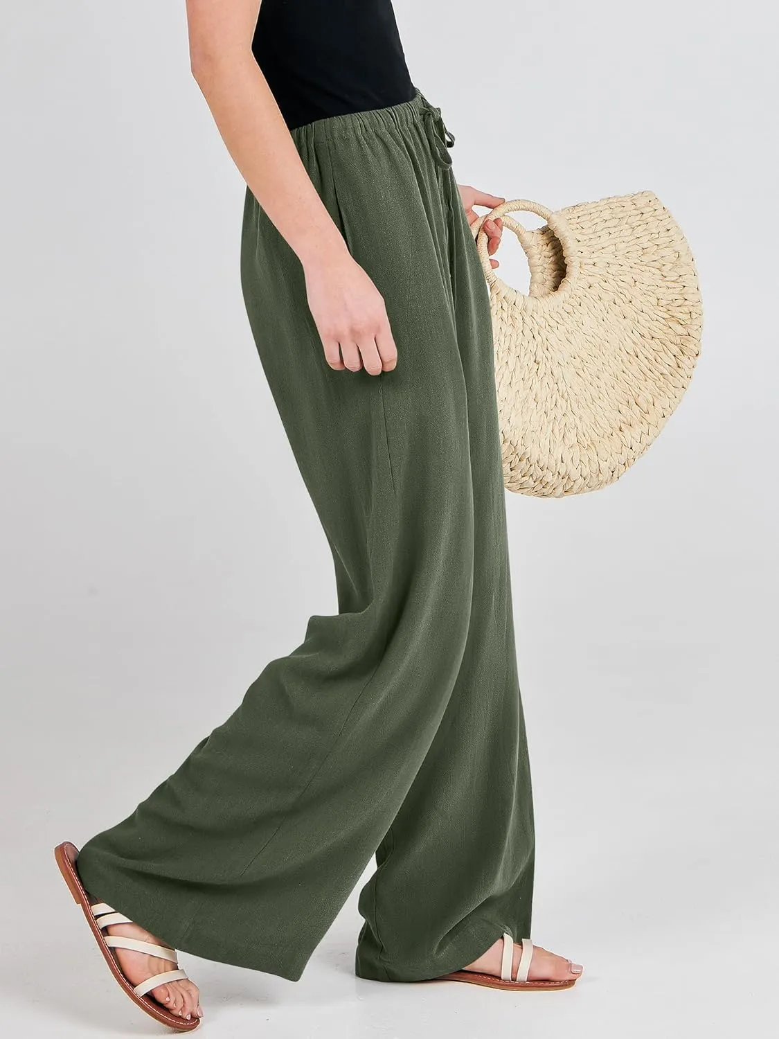 ANRABESS Womens Linen Palazzo Pants Summer Flowy Wide Leg Drawstring Casual Trousers with Pockets Beach Vacation Outfits