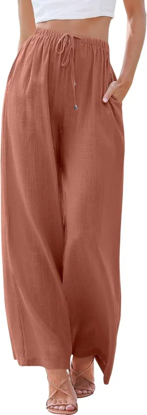 ANRABESS Womens Linen Palazzo Pants Summer Flowy Wide Leg Drawstring Casual Trousers with Pockets Beach Vacation Outfits