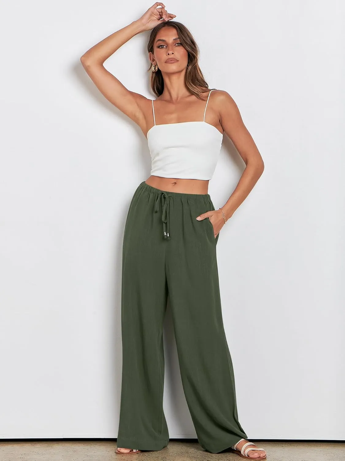 ANRABESS Womens Linen Palazzo Pants Summer Flowy Wide Leg Drawstring Casual Trousers with Pockets Beach Vacation Outfits