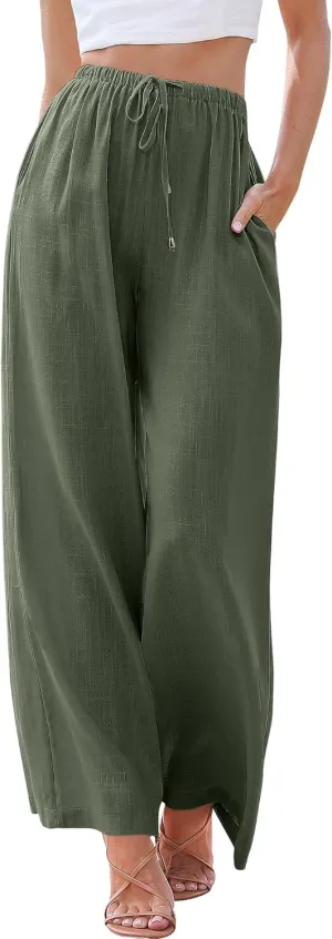 ANRABESS Womens Linen Palazzo Pants Summer Flowy Wide Leg Drawstring Casual Trousers with Pockets Beach Vacation Outfits