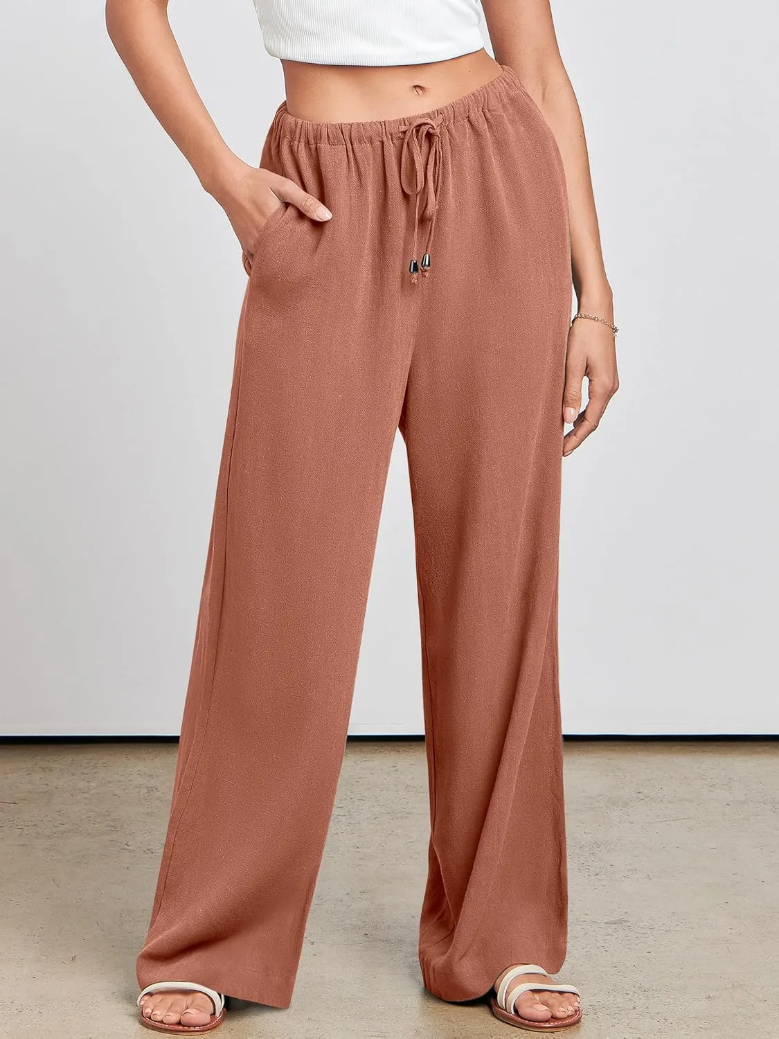 ANRABESS Womens Linen Palazzo Pants Summer Flowy Wide Leg Drawstring Casual Trousers with Pockets Beach Vacation Outfits