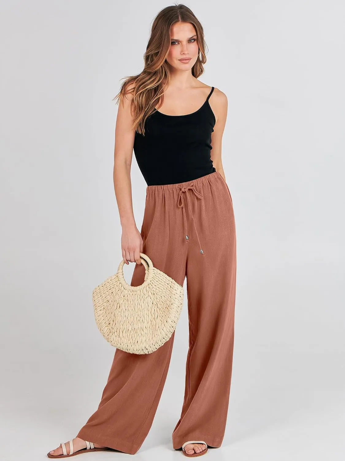 ANRABESS Womens Linen Palazzo Pants Summer Flowy Wide Leg Drawstring Casual Trousers with Pockets Beach Vacation Outfits