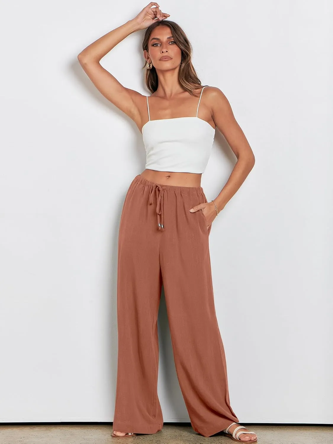 ANRABESS Womens Linen Palazzo Pants Summer Flowy Wide Leg Drawstring Casual Trousers with Pockets Beach Vacation Outfits