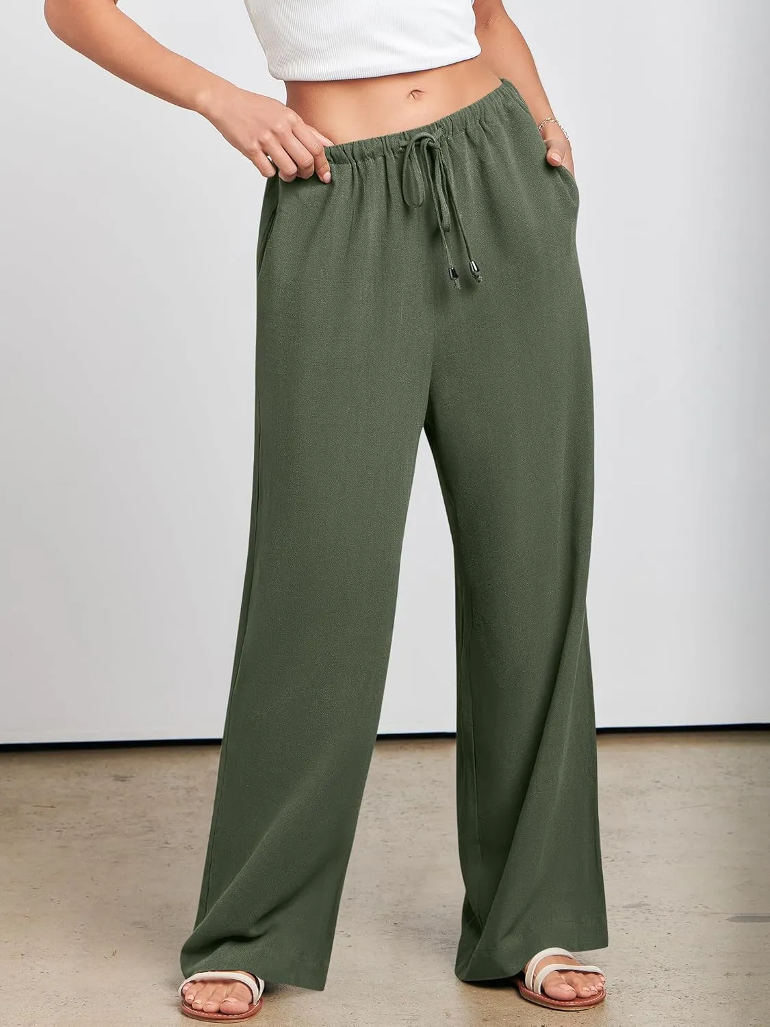 ANRABESS Womens Linen Palazzo Pants Summer Flowy Wide Leg Drawstring Casual Trousers with Pockets Beach Vacation Outfits