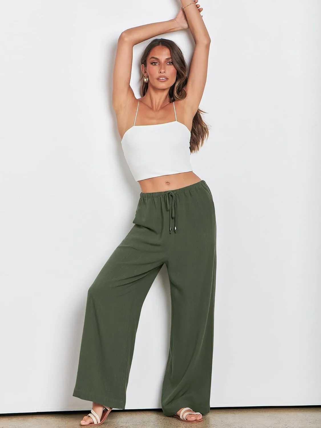 ANRABESS Womens Linen Palazzo Pants Summer Flowy Wide Leg Drawstring Casual Trousers with Pockets Beach Vacation Outfits