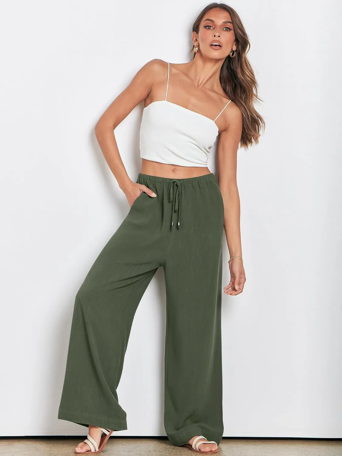 ANRABESS Womens Linen Palazzo Pants Summer Flowy Wide Leg Drawstring Casual Trousers with Pockets Beach Vacation Outfits