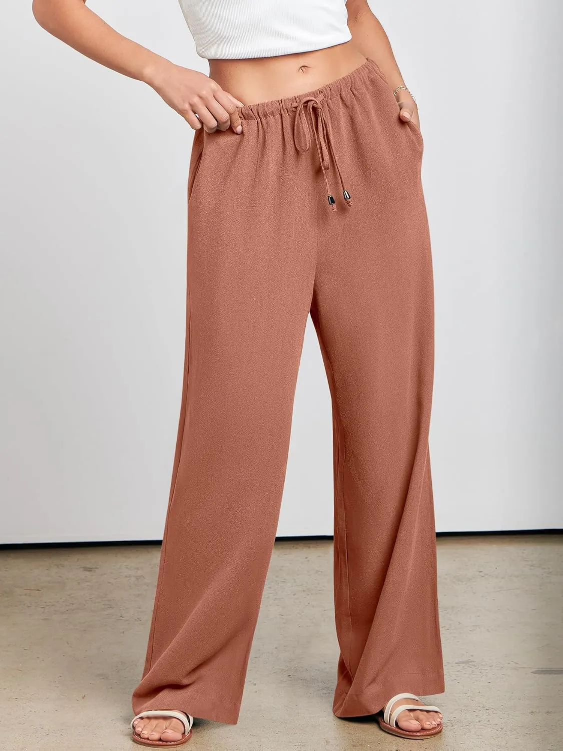 ANRABESS Womens Linen Palazzo Pants Summer Flowy Wide Leg Drawstring Casual Trousers with Pockets Beach Vacation Outfits