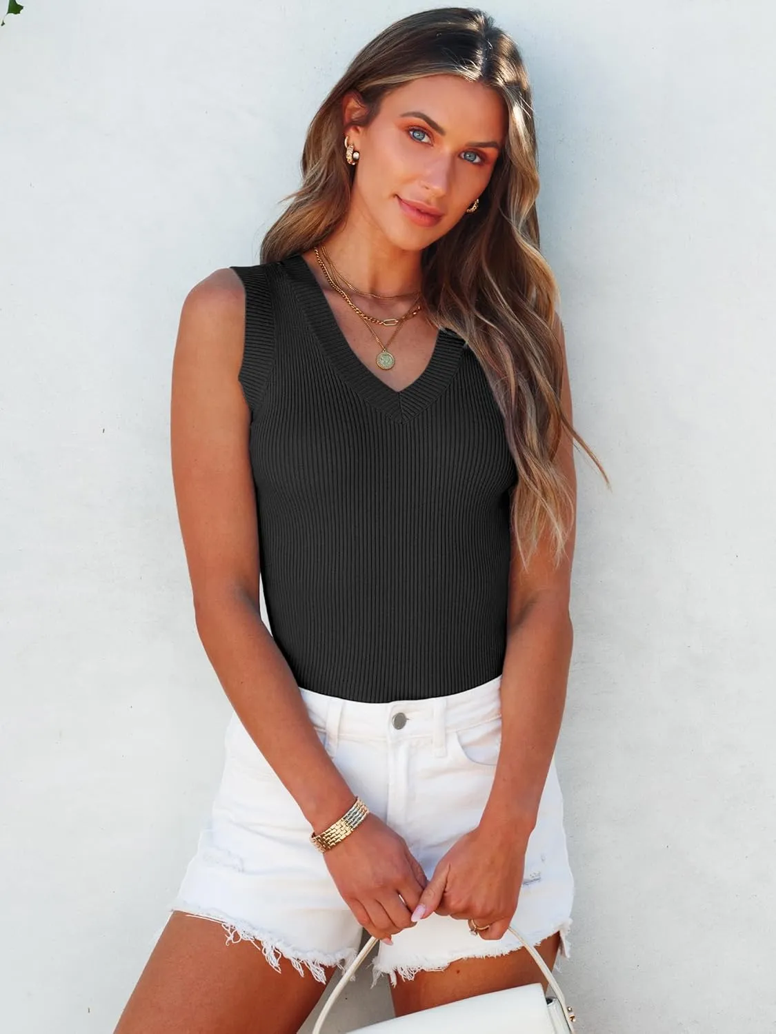 ANRABESS Women's Sleeveless Sweater Vest Summer V Neck Ribbed Knit Slim Fit Tank Tops 2025 Trendy Spring Outfits