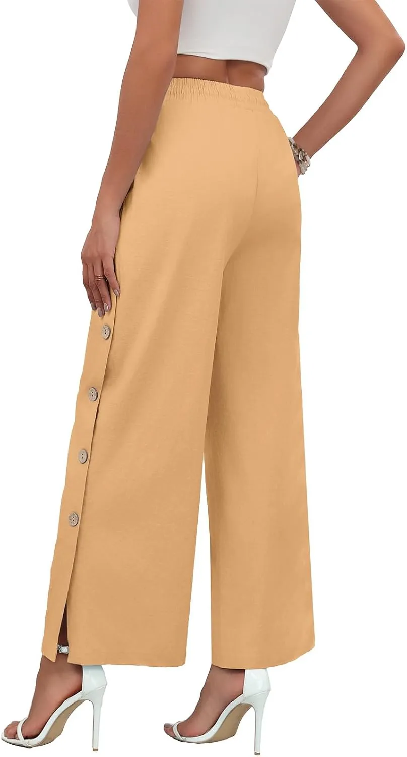 Askyes Womens Linen Pants Wide Leg Pants Drawstring High Waist Cotton Palazzo Pants Summer Beach Loose Trousers with Pockets