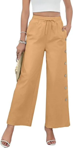 Askyes Womens Linen Pants Wide Leg Pants Drawstring High Waist Cotton Palazzo Pants Summer Beach Loose Trousers with Pockets