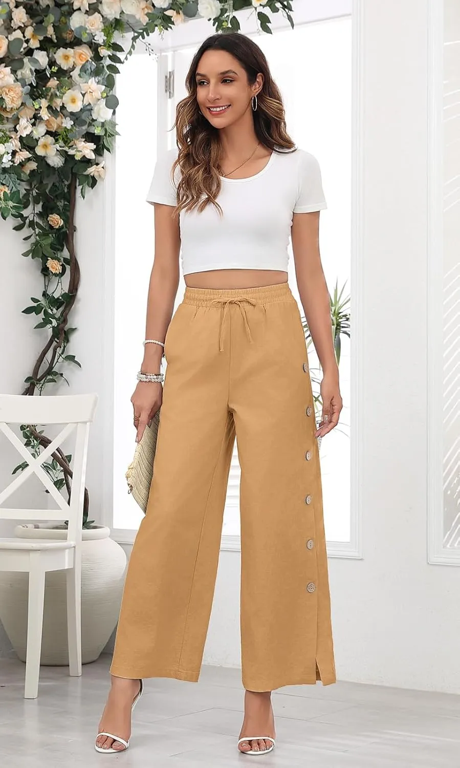 Askyes Womens Linen Pants Wide Leg Pants Drawstring High Waist Cotton Palazzo Pants Summer Beach Loose Trousers with Pockets