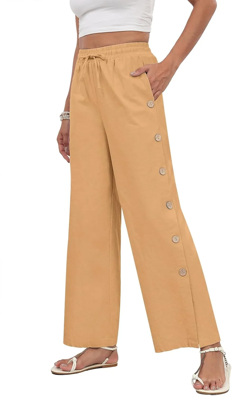 Askyes Womens Linen Pants Wide Leg Pants Drawstring High Waist Cotton Palazzo Pants Summer Beach Loose Trousers with Pockets
