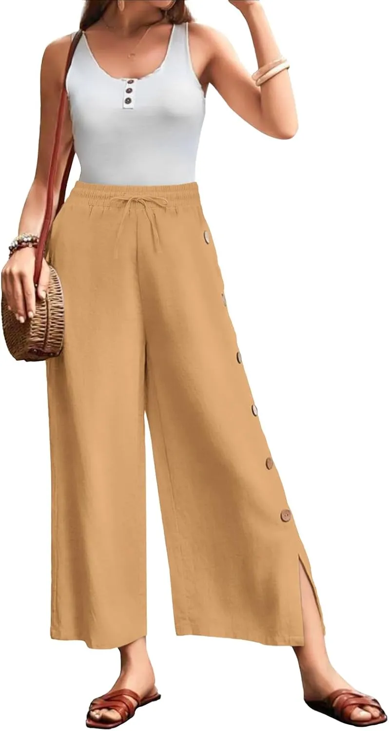 Askyes Womens Linen Pants Wide Leg Pants Drawstring High Waist Cotton Palazzo Pants Summer Beach Loose Trousers with Pockets