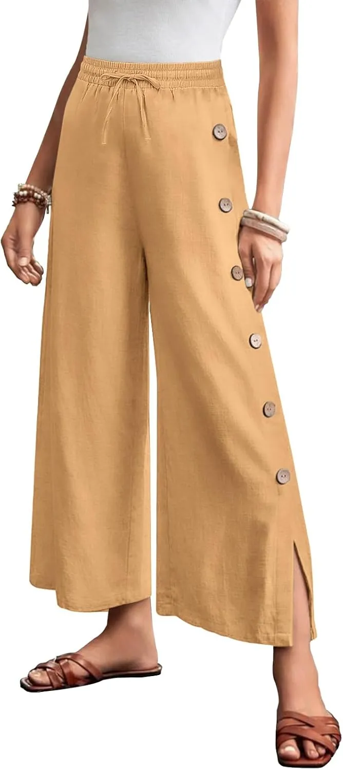 Askyes Womens Linen Pants Wide Leg Pants Drawstring High Waist Cotton Palazzo Pants Summer Beach Loose Trousers with Pockets