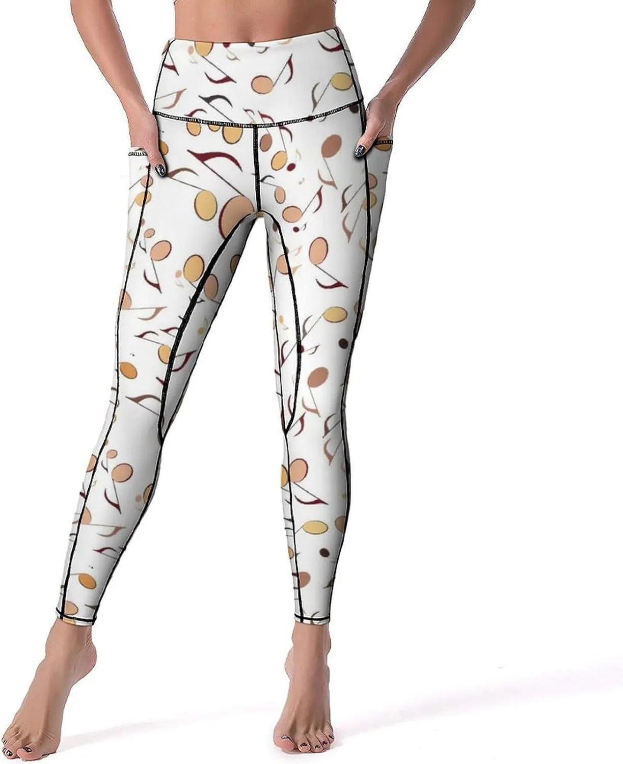 Athletic High Waist Yoga Pants Women's Workout Leggings with Pockets Exercise Tights White Music Notes Sports Trousers