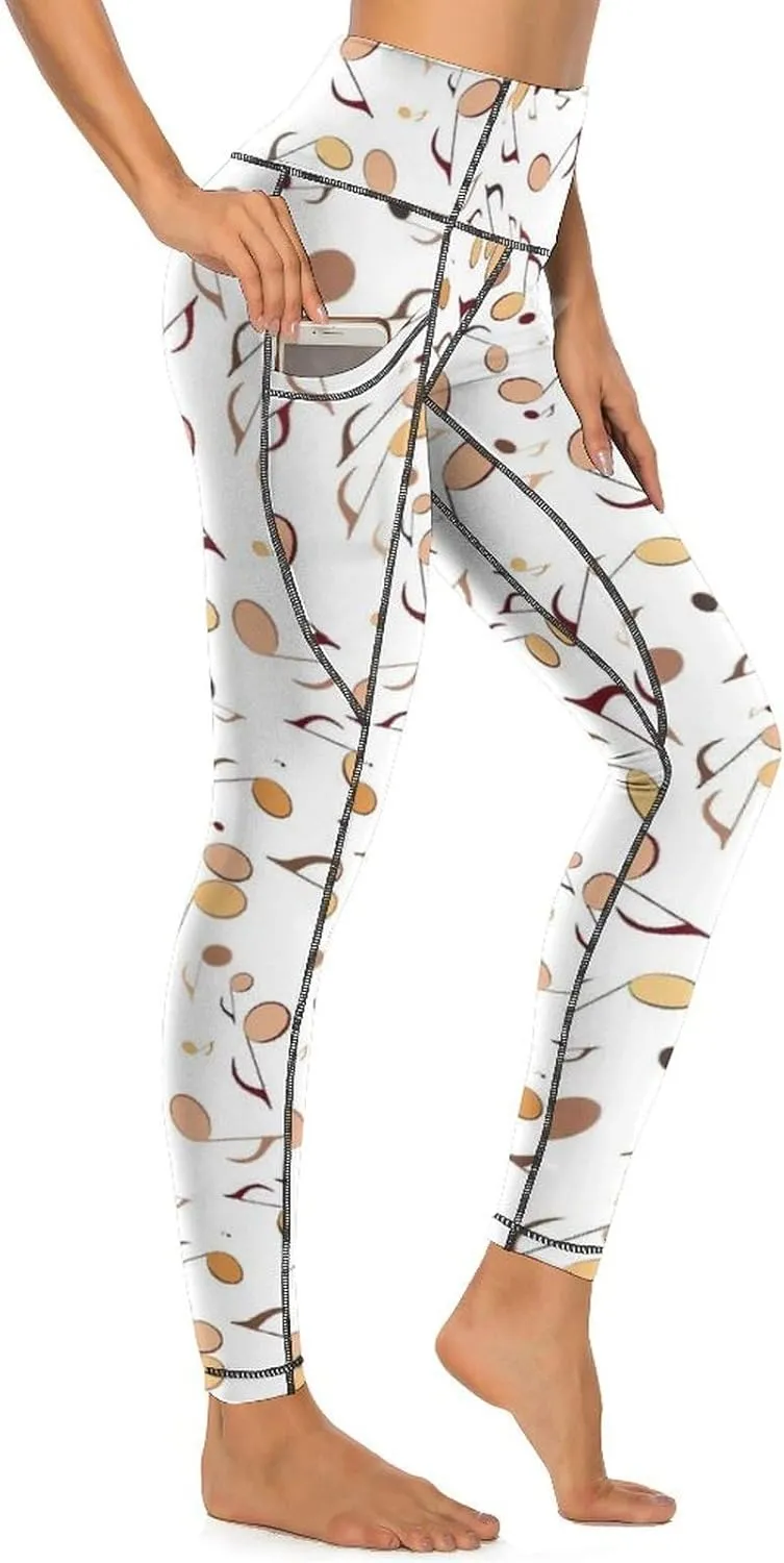 Athletic High Waist Yoga Pants Women's Workout Leggings with Pockets Exercise Tights White Music Notes Sports Trousers