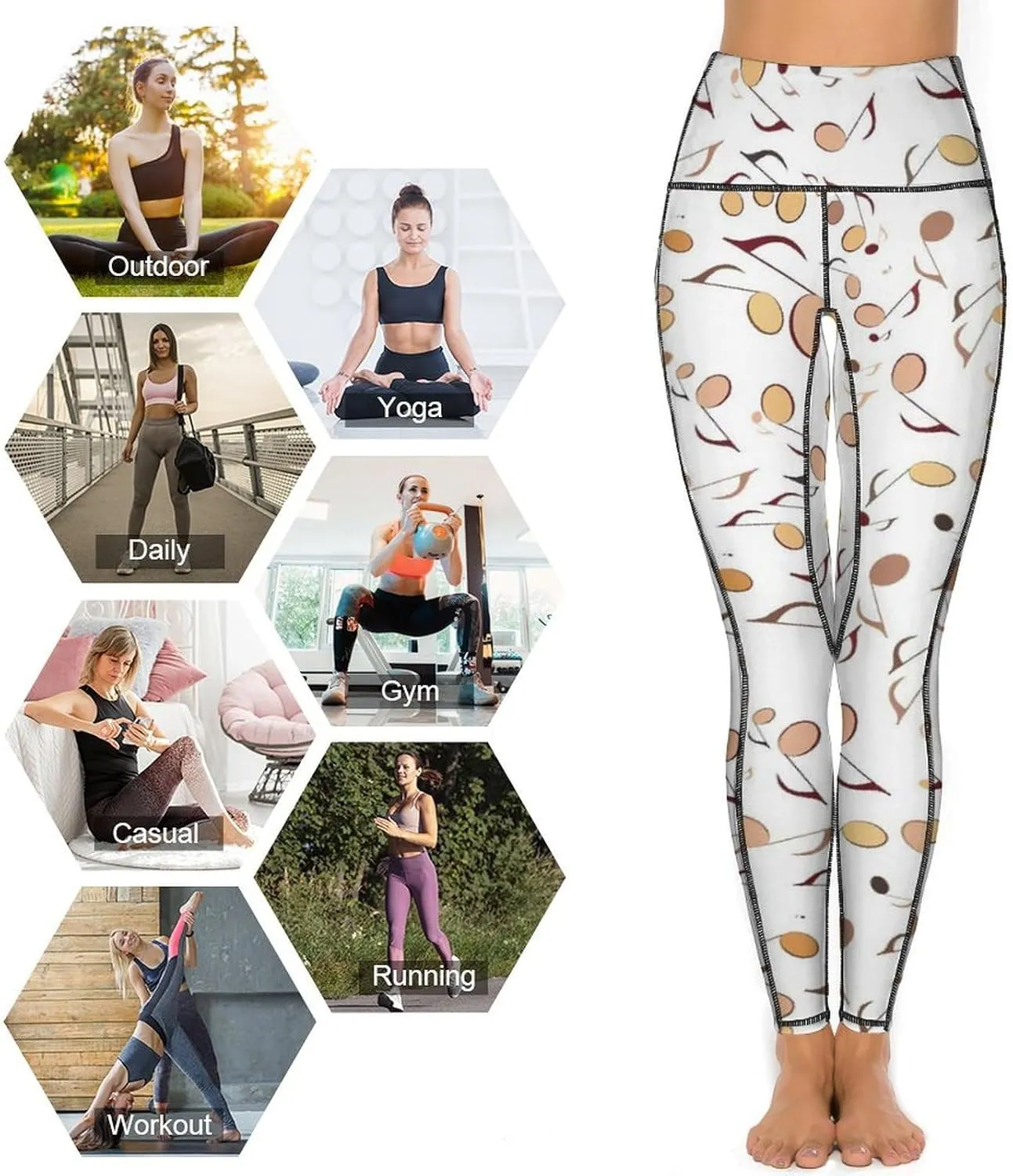 Athletic High Waist Yoga Pants Women's Workout Leggings with Pockets Exercise Tights White Music Notes Sports Trousers